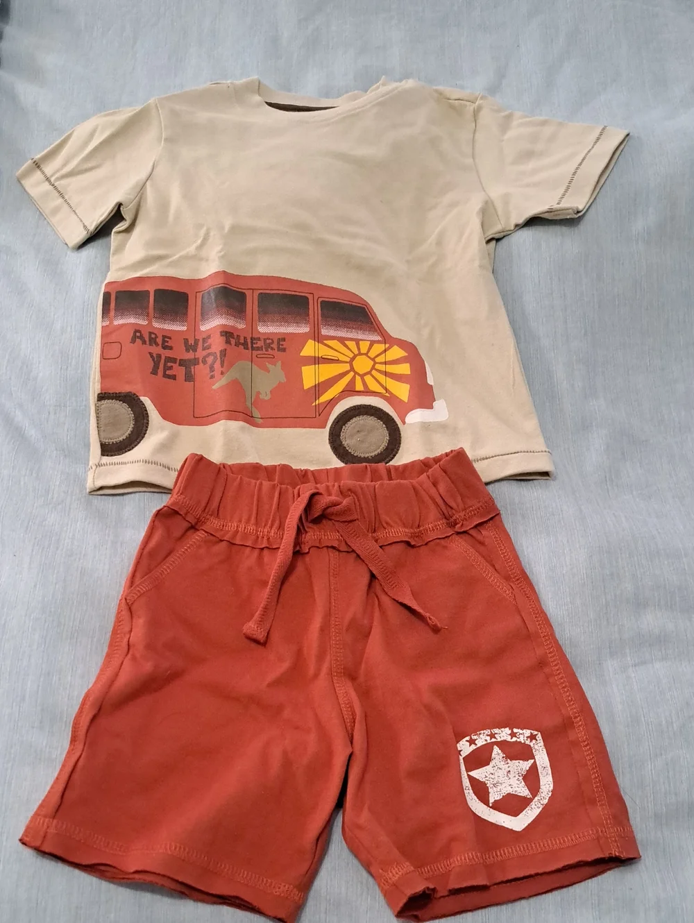 NWT. Crazy 8 Beige Toddler Tee with Dark Brown Neck Trim And Matching Shorts.